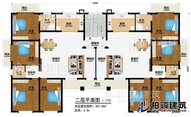 二層：樓梯間、2客餐廳、2儲物間、2廚房、8臥室、5陽臺、2內衛(wèi)、2公衛(wèi)、2洗漱間