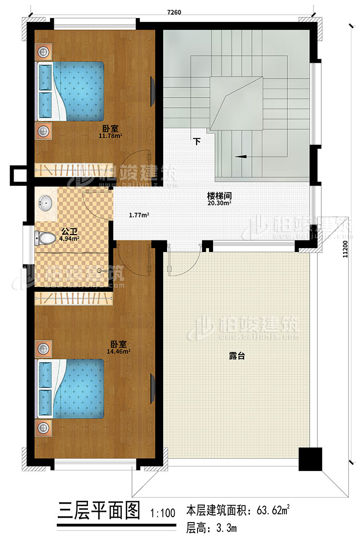 三層：2臥室、樓梯間、公衛(wèi)、露臺(tái)