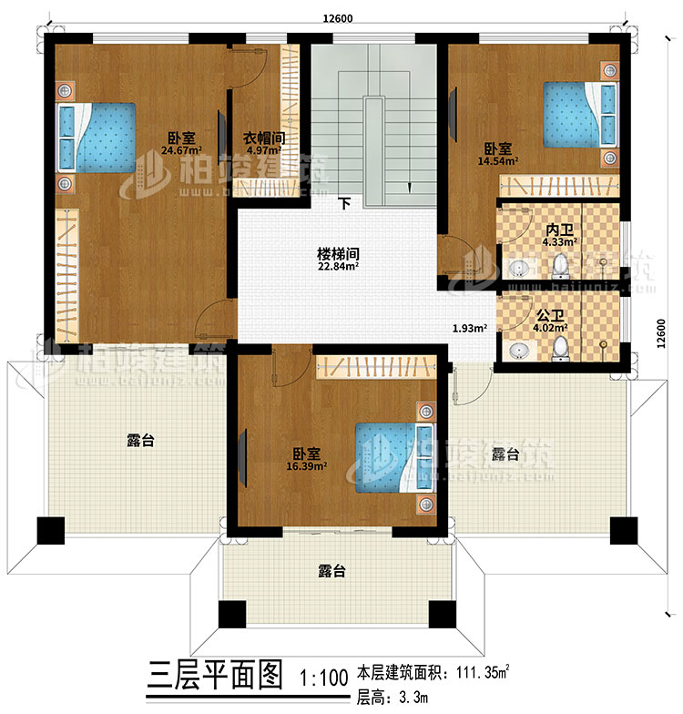 三層：樓梯間、3臥室、公衛(wèi)、內(nèi)衛(wèi)、3露臺、衣帽間