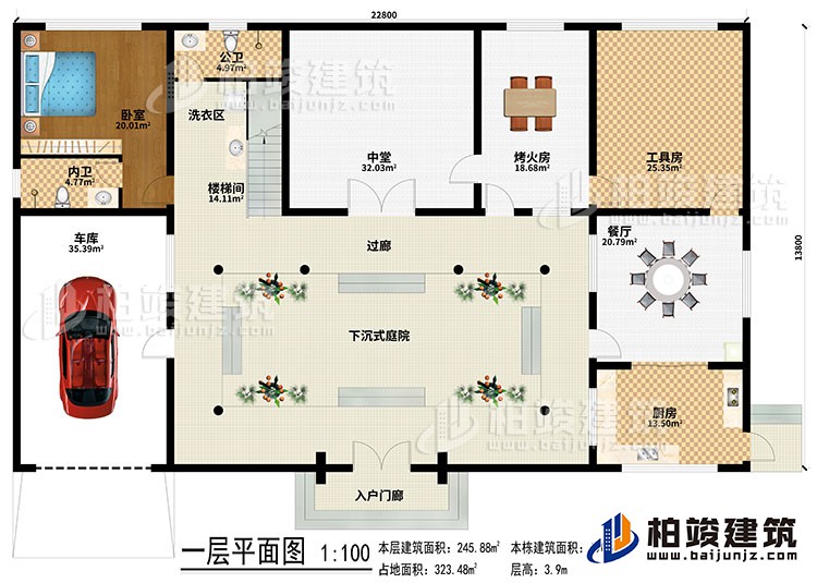 一層：入戶門廊、下沉式庭院、樓梯間、洗衣區(qū)、中堂、烤火房、工具房、餐廳、廚房、車庫、臥室、內(nèi)衛(wèi)、過廊