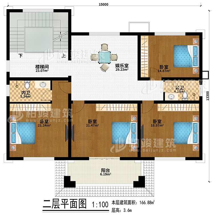 二層：樓梯間、娛樂室、4臥室、公衛(wèi)、內(nèi)衛(wèi)、陽臺