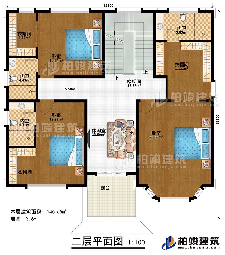 二層：樓梯間、休閑室、3臥室、3衣帽間、3內衛(wèi)、露臺