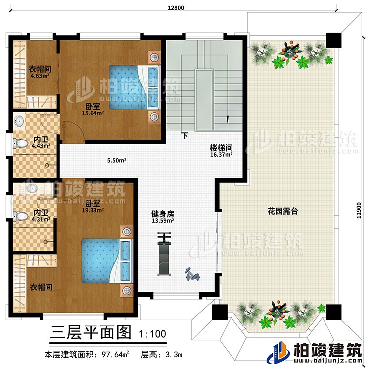 三層：健身房、樓梯間、2臥室、2衣帽間、2內衛(wèi)、花園露臺