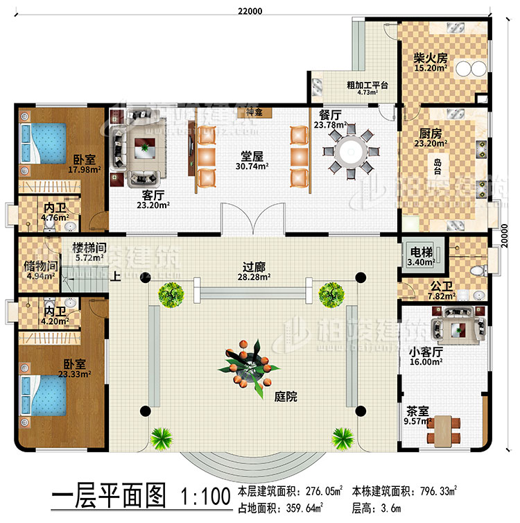 一層：過(guò)廊、庭院、堂屋、神龕、客廳、餐廳、廚房、柴火房、粗加工平臺(tái)、電梯、樓梯間、儲(chǔ)物間、小客廳、茶室、2臥室、2內(nèi)衛(wèi)、公衛(wèi)