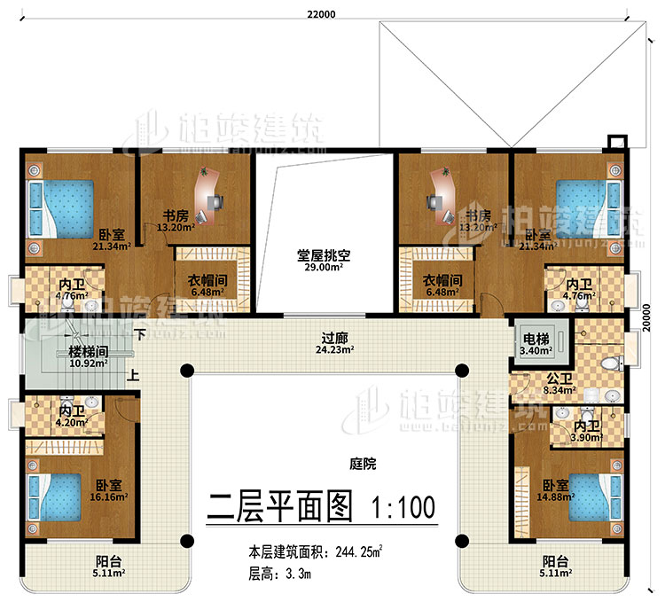 二層：堂屋挑空、過(guò)廊、樓梯間、電梯、4臥室、2衣帽間、2書(shū)房、4內(nèi)衛(wèi)、公衛(wèi)、2陽(yáng)臺(tái)