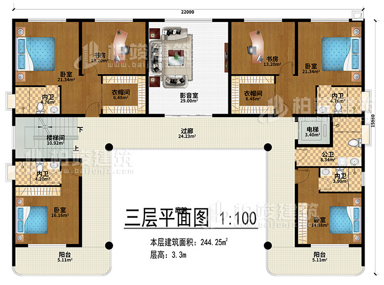 三層：影音室、過(guò)廊、樓梯間、電梯、4臥室、2衣帽間、2書(shū)房、4內(nèi)衛(wèi)、公衛(wèi)、2陽(yáng)臺(tái)