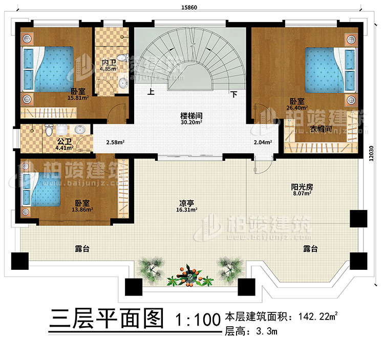 三層：樓梯間、3臥室、衣帽間、公衛(wèi)、內(nèi)衛(wèi)、陽光房、涼亭、2露臺