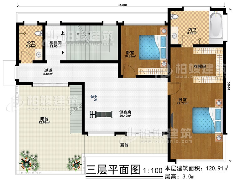 三層：健身房、樓梯間、2臥室、衣帽間、過道、公衛(wèi)、內(nèi)衛(wèi)、陽臺、露臺