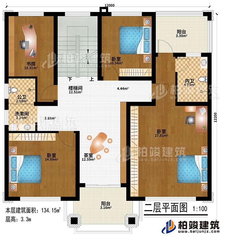 二層：樓梯間、茶室、3臥室、洗漱間、公衛(wèi)、內(nèi)衛(wèi)、2陽臺