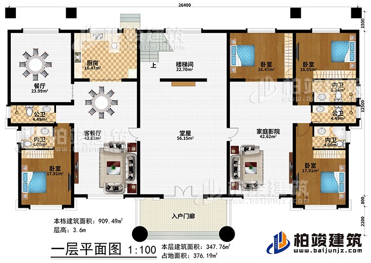 一層：入戶門廊、堂屋、客餐廳、餐廳、廚房、樓梯間、4臥室、2公衛(wèi)、3內(nèi)衛(wèi)、家庭影院