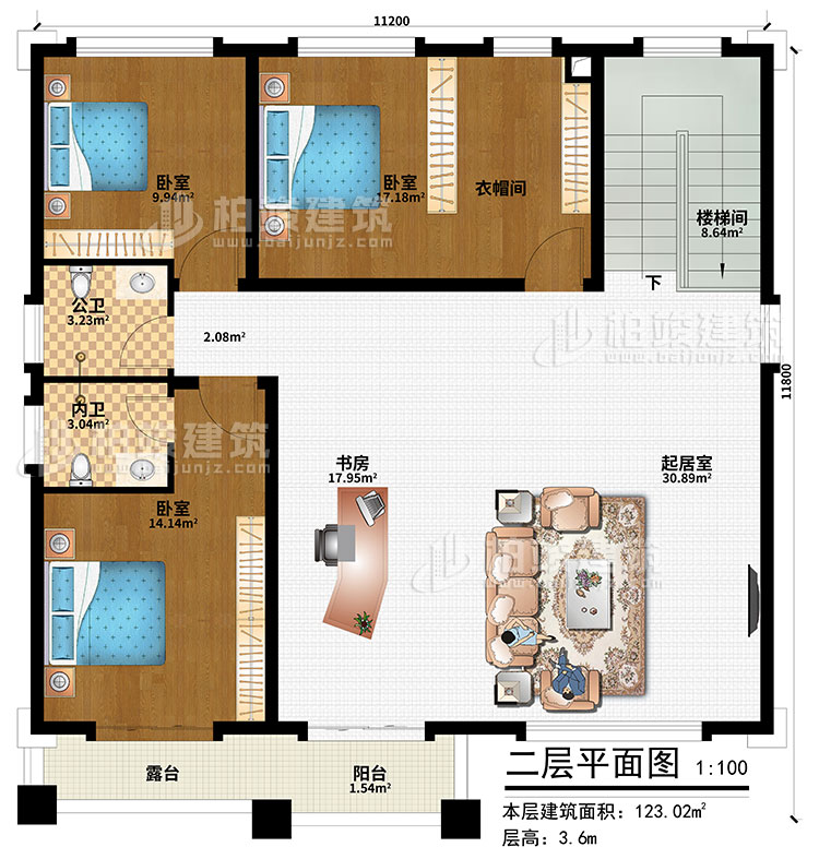 二層：樓梯間、起居室、書(shū)房、3臥室、衣帽間、公衛(wèi)、內(nèi)衛(wèi)、陽(yáng)臺(tái)、露臺(tái)