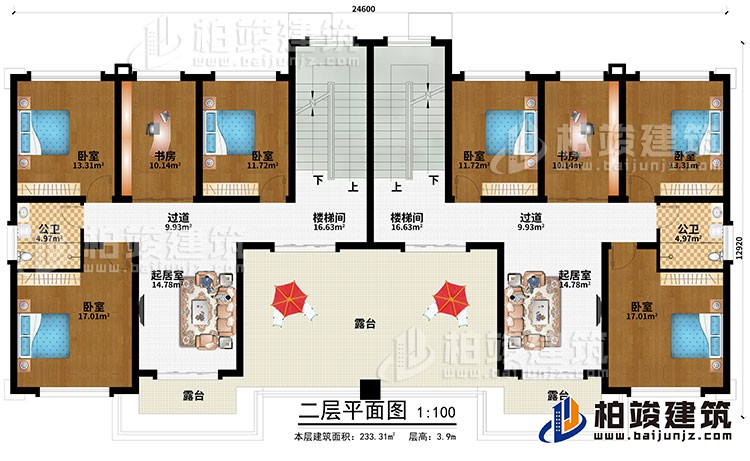 二層：2樓梯間、2過道、2起居室、6臥室、2書房、3露臺(tái)、2公衛(wèi)