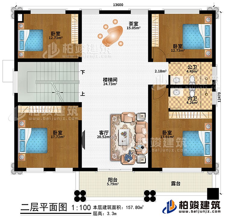 二層：客廳、樓梯間、茶室、4臥室、公衛(wèi)、內(nèi)衛(wèi)、陽(yáng)臺(tái)、露臺(tái)