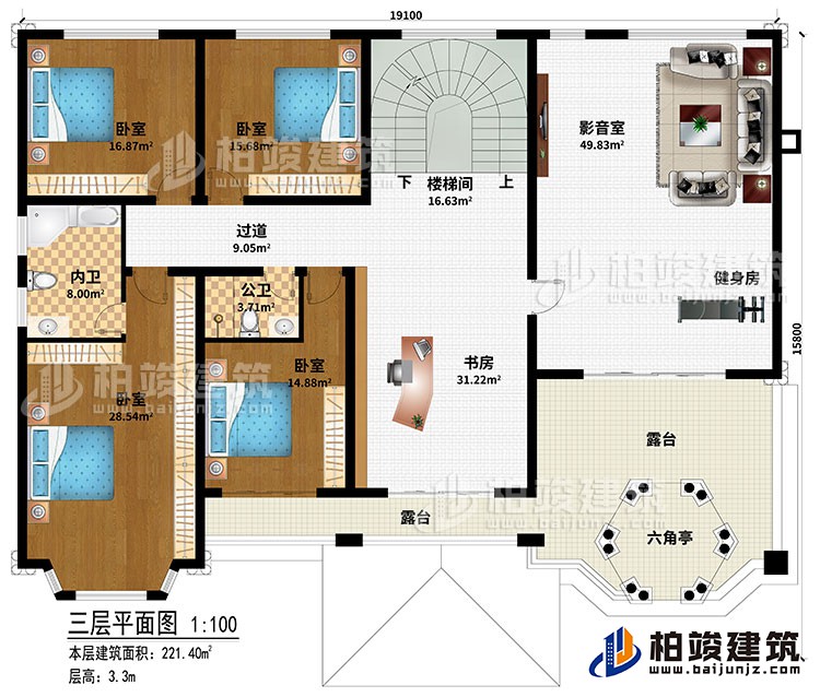 三層：樓梯間、書房、過(guò)道、4臥室、公衛(wèi)、內(nèi)衛(wèi)、影音室、健身房、2露臺(tái)、六角亭