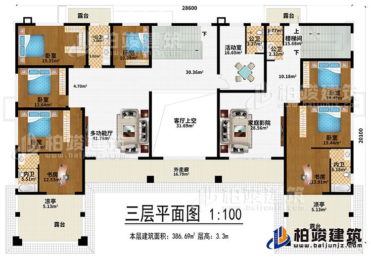三層：多功能廳、客廳上空、家庭影院、6臥室、2書房、活動室、3公衛(wèi)、2內(nèi)衛(wèi)、4露臺、2涼亭、外走廊、樓梯間
