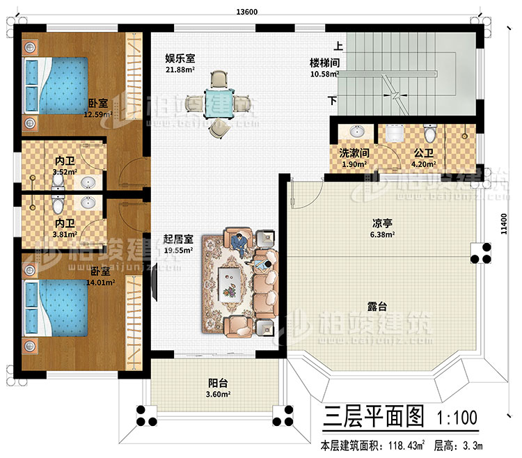 三層：起居室、娛樂室、樓梯間、2臥室、洗漱間、公衛(wèi)、2內(nèi)衛(wèi)、涼亭、陽臺、露臺