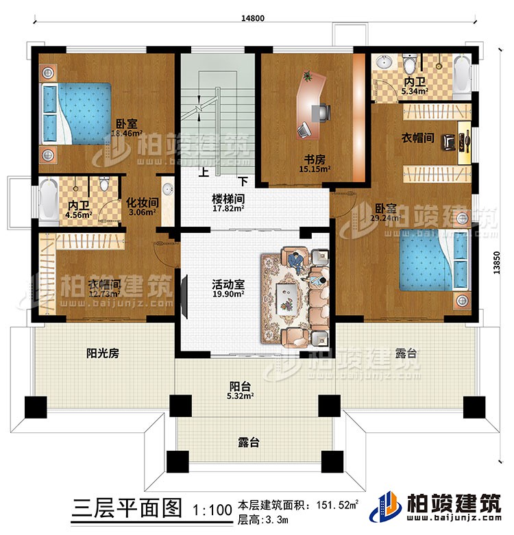三層：樓梯間、活動室、2臥室、2衣帽間、化妝間、2內(nèi)衛(wèi)、書房、陽臺、陽光房、2露臺