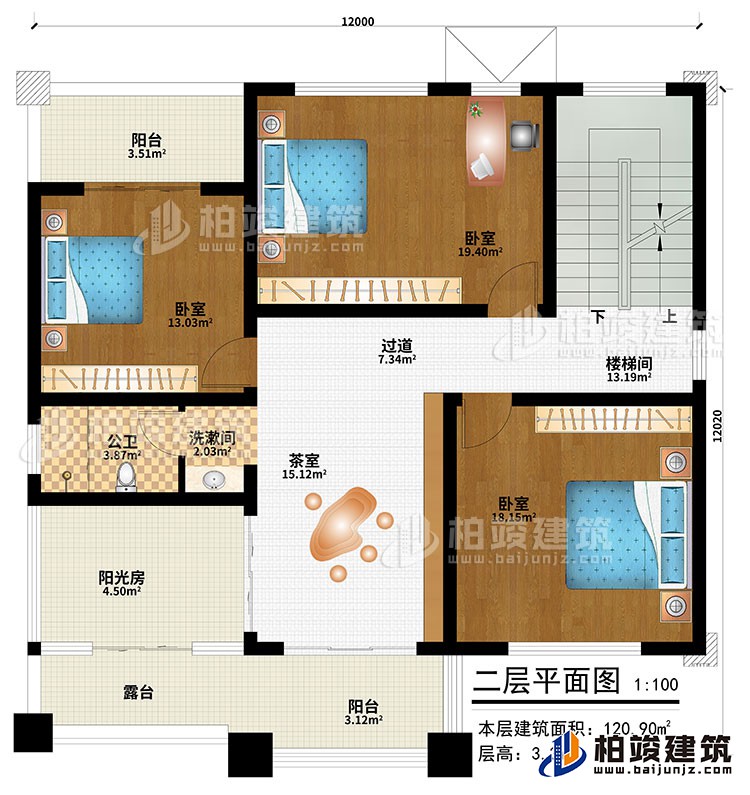 二層：茶室、過道、樓梯間、3臥室、公衛(wèi)、洗漱間、陽光房、陽臺、露臺
