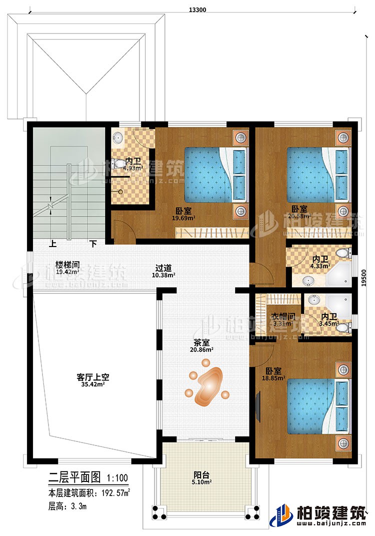 二層：樓梯間、3臥室、過(guò)道、茶室、客廳上空、衣帽間、3內(nèi)衛(wèi)、陽(yáng)臺(tái)