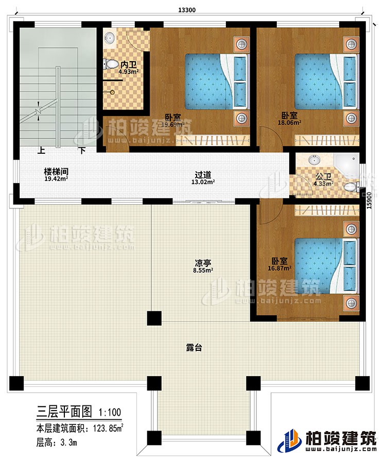 三層：樓梯間、過(guò)道、3臥室、公衛(wèi)、內(nèi)衛(wèi)、涼亭、露臺(tái)