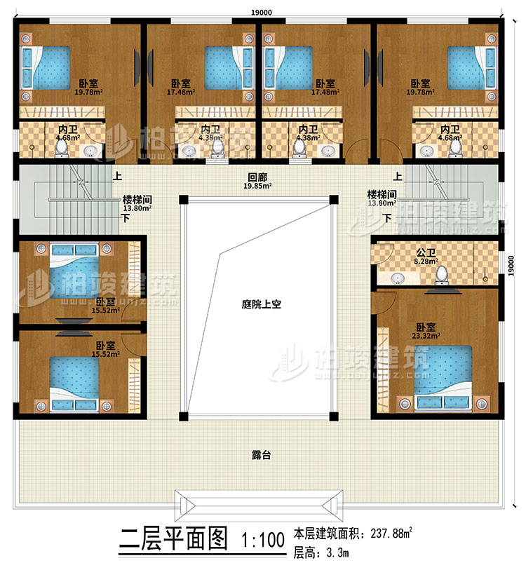 二層：回廊、露臺(tái)、庭院上空、2樓梯間、7臥室、4內(nèi)衛(wèi)、公衛(wèi)