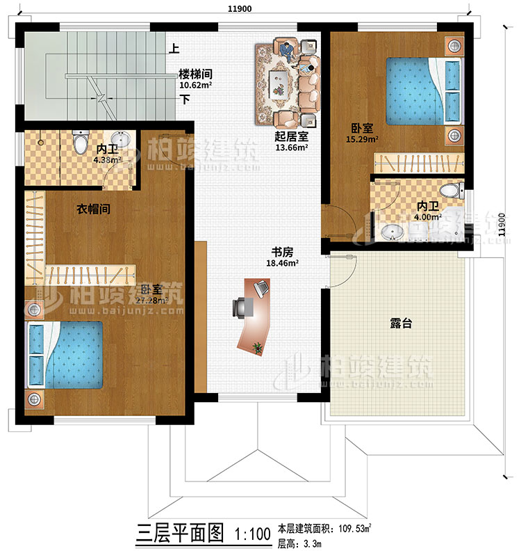 三層：2臥室、起居室、樓梯間、衣帽間、書房、2內(nèi)衛(wèi)、露臺