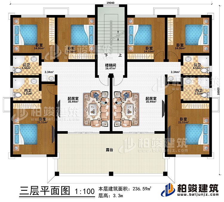 三層：2起居室、樓梯間、6臥室、2公衛(wèi)、2內(nèi)衛(wèi)、露臺