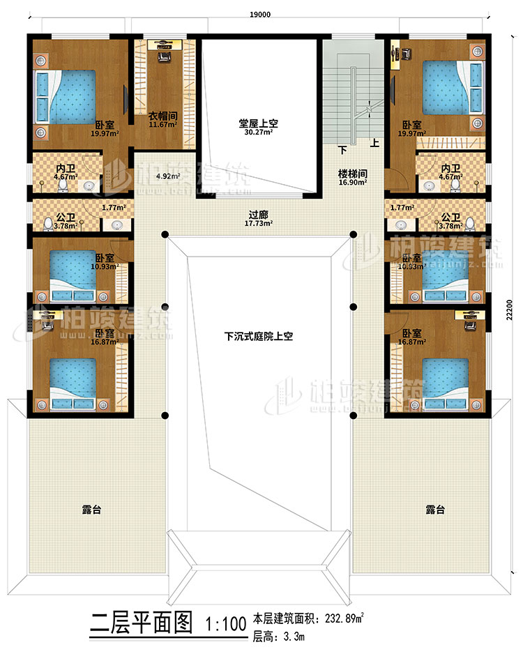 二層：下沉式庭院上空、堂屋上空、樓梯間、過廊、6臥室、衣帽間、2公衛(wèi)、2內(nèi)衛(wèi)、露臺(tái)