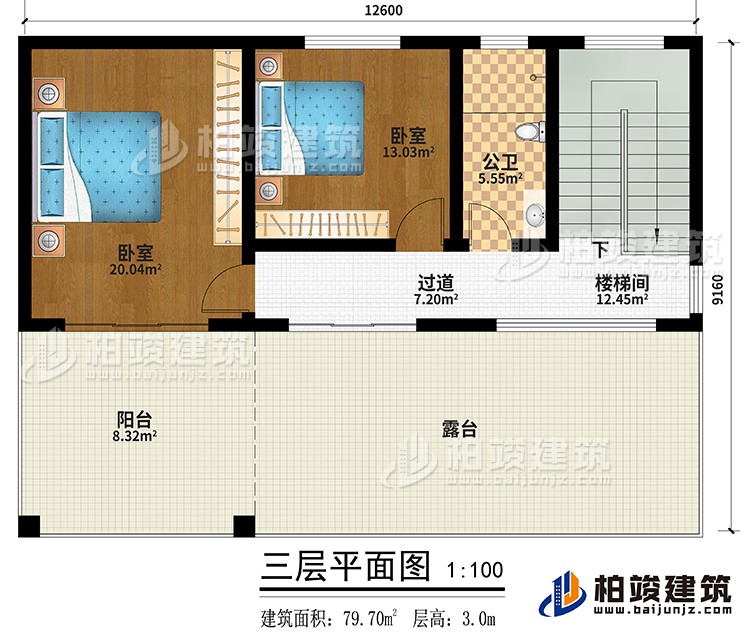 三層：過道、樓梯間、2臥室、公衛(wèi)、陽臺(tái)、露臺(tái)