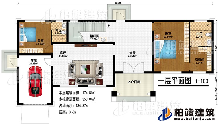 一層:入戶門廊、堂屋、客廳、車庫、樓梯間、2臥室、衣帽間、2內(nèi)衛(wèi)