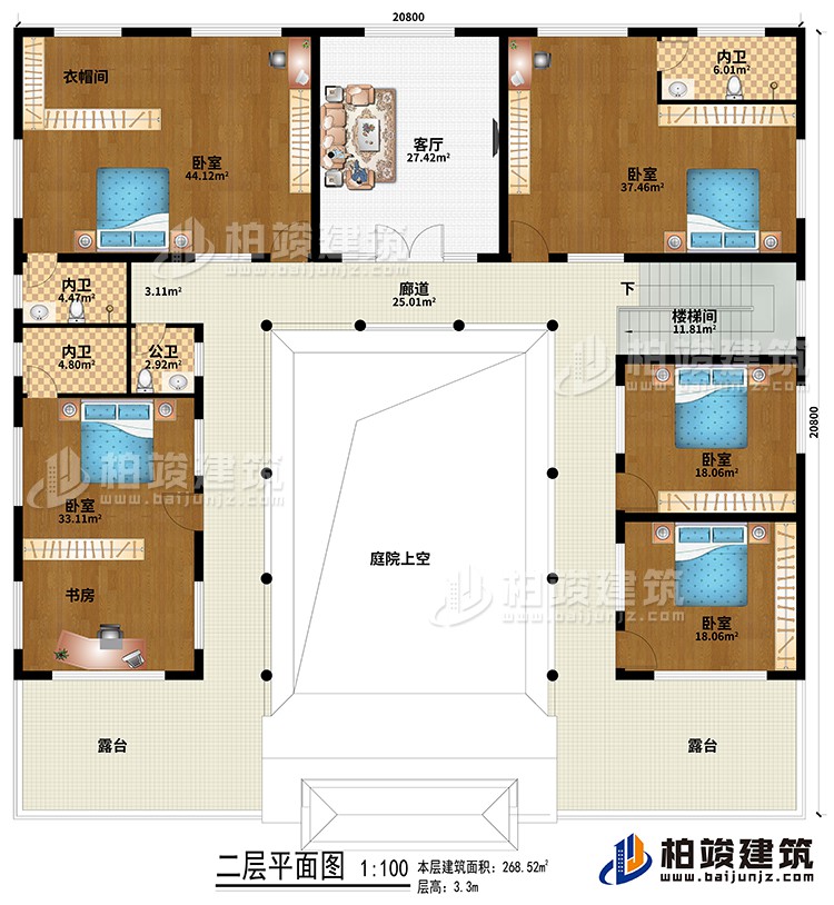 二層：樓梯間、廊道、庭院上空、客廳、5臥室、衣帽間、書(shū)房、3內(nèi)衛(wèi)、公衛(wèi)、2露臺(tái)