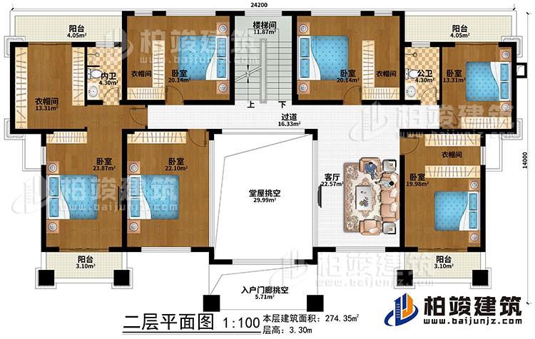 二層：堂屋挑空、入戶門廊挑空、客廳、過道、樓梯間、6臥室、4衣帽間、公衛(wèi)、內(nèi)衛(wèi)、4陽臺(tái)