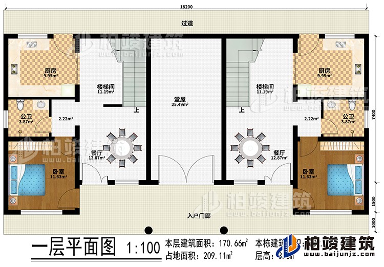 一層：入戶門廊、過道、堂屋、2廚房、2樓梯間、2餐廳、2臥室、2公衛(wèi)