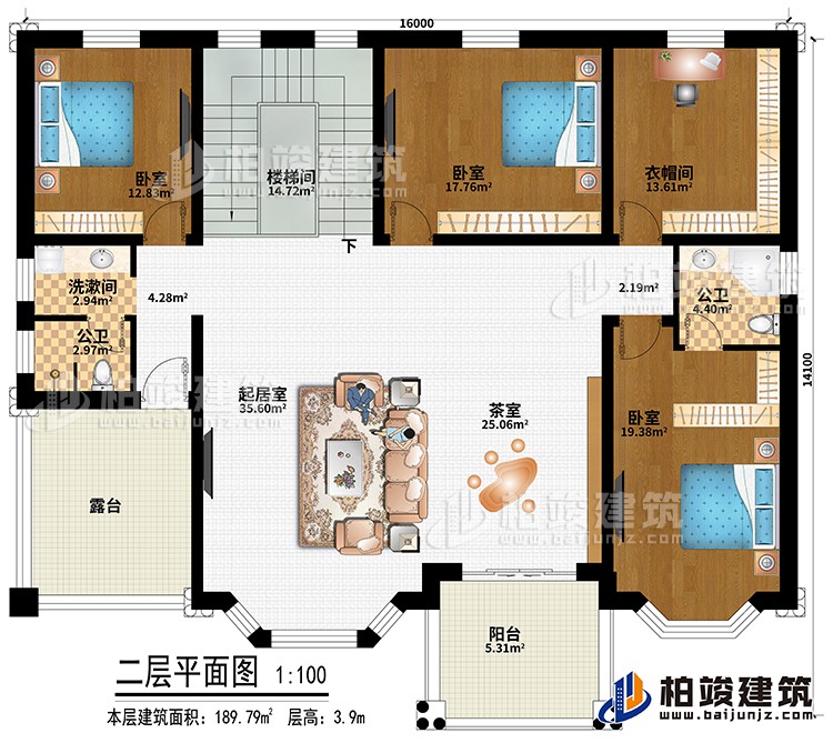 二層：樓梯間、起居室、茶室、3臥室、衣帽間、洗漱間、公衛(wèi)、內(nèi)衛(wèi)、陽(yáng)臺(tái)、露臺(tái)