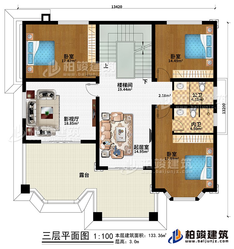 三層：樓梯間、起居室、影視廳、3臥室、公衛(wèi)、內(nèi)衛(wèi)、露臺(tái)