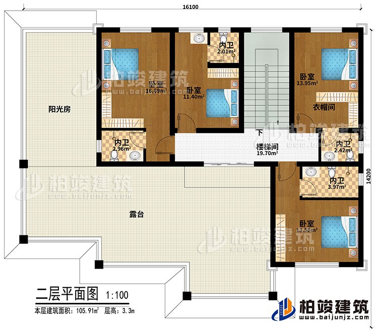 二層：4臥室、衣帽間、樓梯間、4內(nèi)衛(wèi)、陽光房、露臺