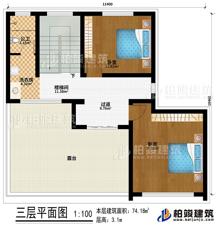 三層：過(guò)道、樓梯間、2臥室、公衛(wèi)、洗衣房、露臺(tái)