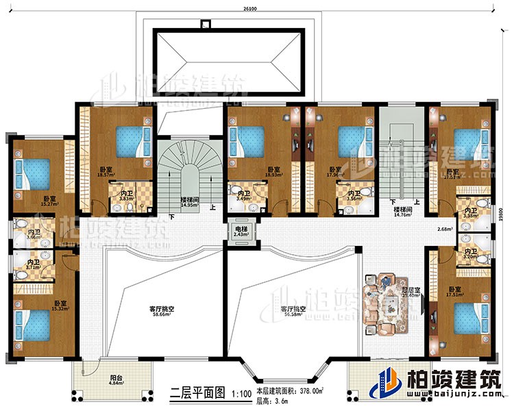 二層：2樓梯間、2客廳挑空、起居室、7臥室、7內(nèi)衛(wèi)、電梯、2陽臺