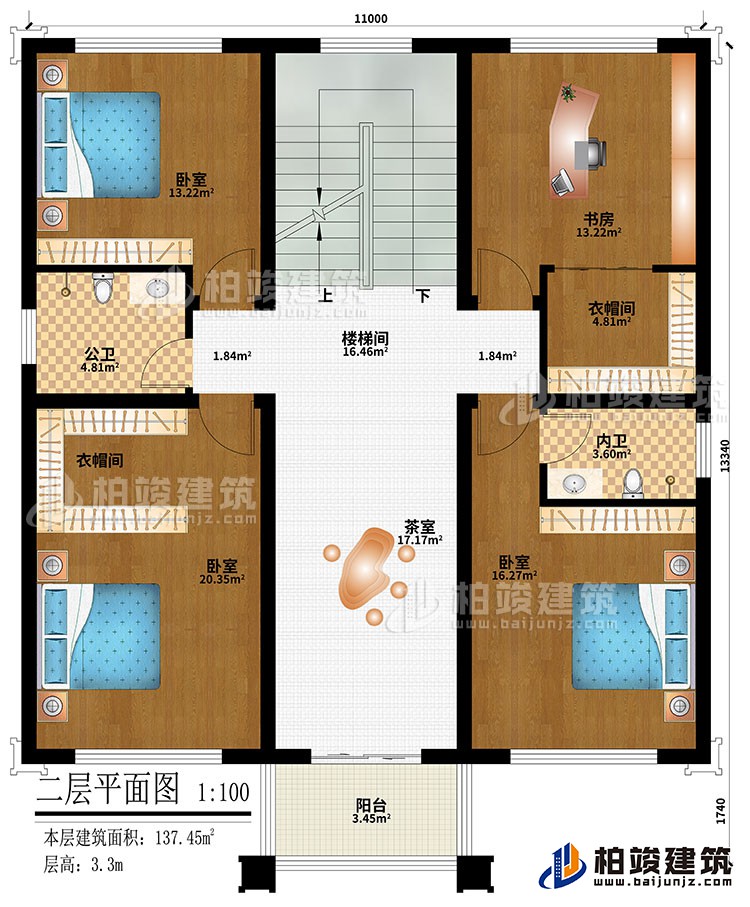 二層：樓梯間、3臥室、2衣帽間、書房、茶室、公衛(wèi)、內(nèi)衛(wèi)、陽臺(tái)