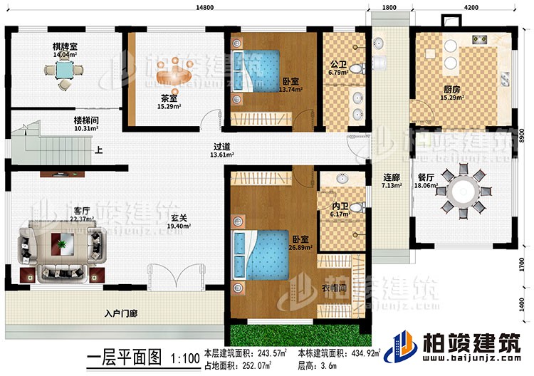 一層：入戶門廊、客廳、玄關(guān)、樓梯間、過道、棋牌室、茶室、餐廳、廚房、2臥室、衣帽間、公衛(wèi)、內(nèi)衛(wèi)、連廊