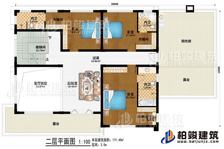 二層：樓梯間、客廳挑空、起居室、過道、3臥室、3衣帽間、3內(nèi)衛(wèi)、陽光房、2露臺(tái)