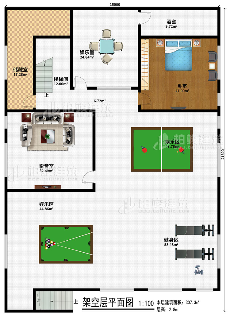架空層：儲藏室、樓梯間、娛樂室、酒窖、臥室、影音室、2娛樂區(qū)、健身區(qū)