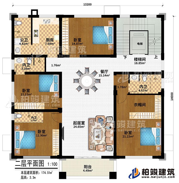 二層：電梯、樓梯間、餐廳、廚房、起居室、4臥室、衣帽間、3內(nèi)衛(wèi)、公衛(wèi)、陽臺