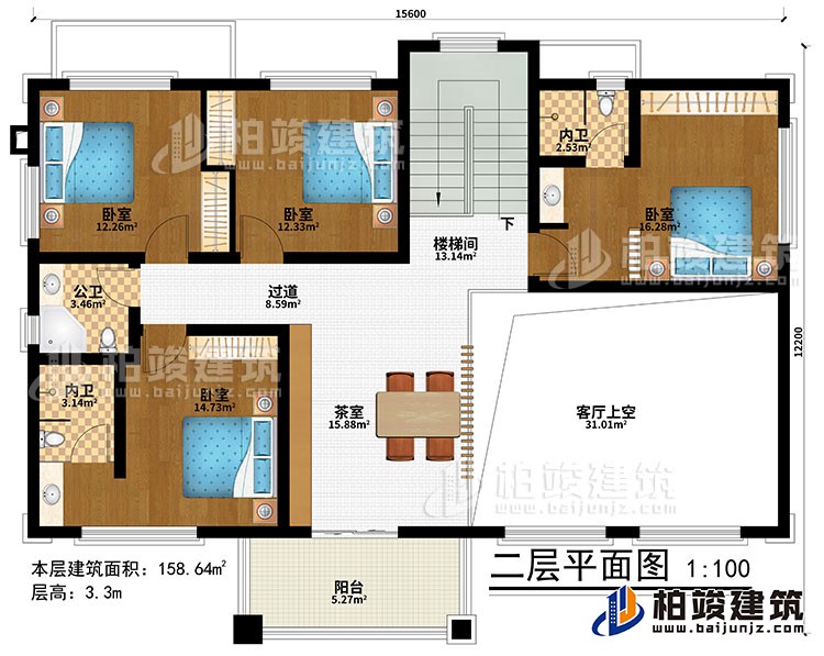 二層：樓梯間、茶室、客廳上空、4臥室、過道、公衛(wèi)、2內(nèi)衛(wèi)、陽臺(tái)