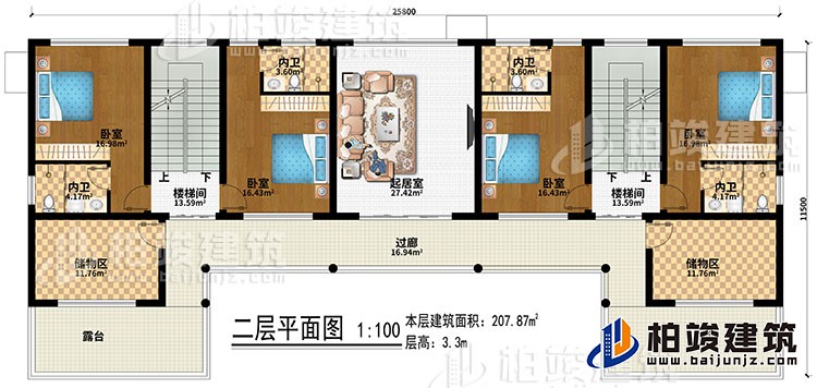 二層：起居室、2樓梯間、4臥室、4內(nèi)衛(wèi)、2儲(chǔ)物間、過廊、2露臺(tái)