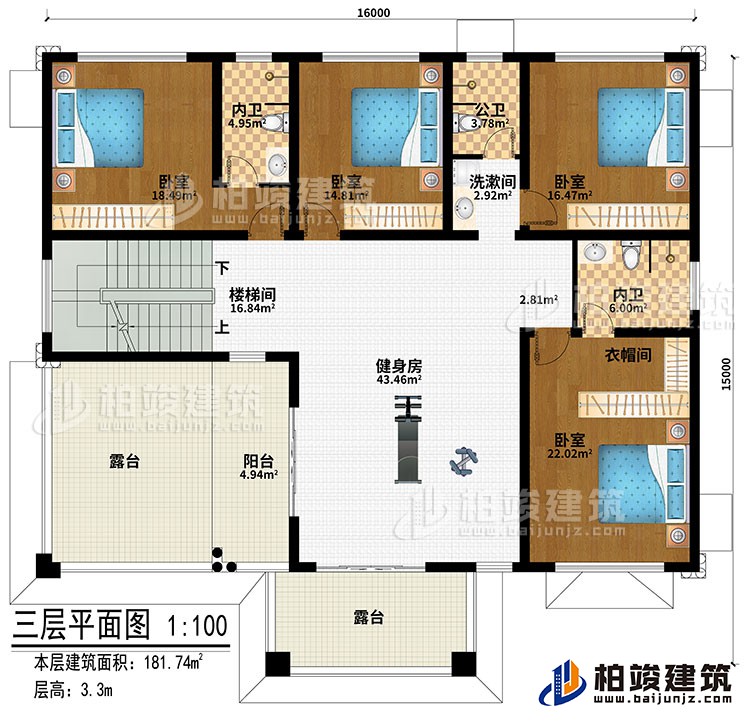 三層：樓梯間、健身房、4臥室、洗漱間、公衛(wèi)、內(nèi)衛(wèi)、陽(yáng)臺(tái)、2露臺(tái)