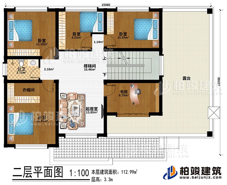二層：樓梯間、起居室、4臥室、衣帽間、書房、公衛(wèi)、露臺(tái)